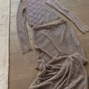 Zara nude rhinestone mesh matching set - long sleeve top and maxi skirt - SMALL
